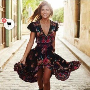 Elegant Black Floral High Low Dress
